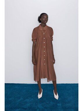 Zara Brown Flowy Midi Shirt Dress Pocket Long Sleeves Lightweight Size S